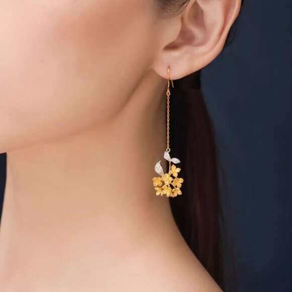 Osmanthus Sterling Silver Gold plated long dangle earrings - Asian Chinese theme - Picture 4 of 5